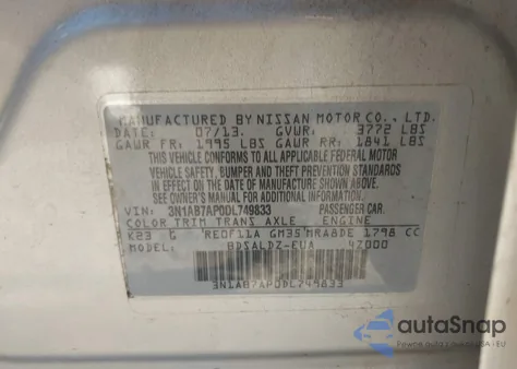 2013 Nissan Sentra Sv z USA, uszkodzony, nr VIN 3N1AB7AP0DL749833